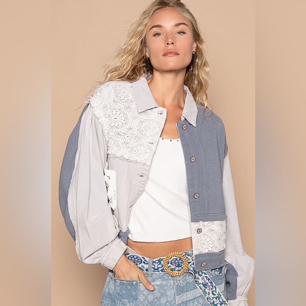 NEW POL Lace Teddy Fleece Patchwork Floral Boho Raw Seam Button-Up Collar Jacket